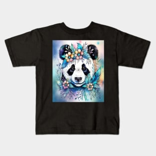 Fantasy, Watercolor, Panda Bear With Flowers and Butterflies Kids T-Shirt